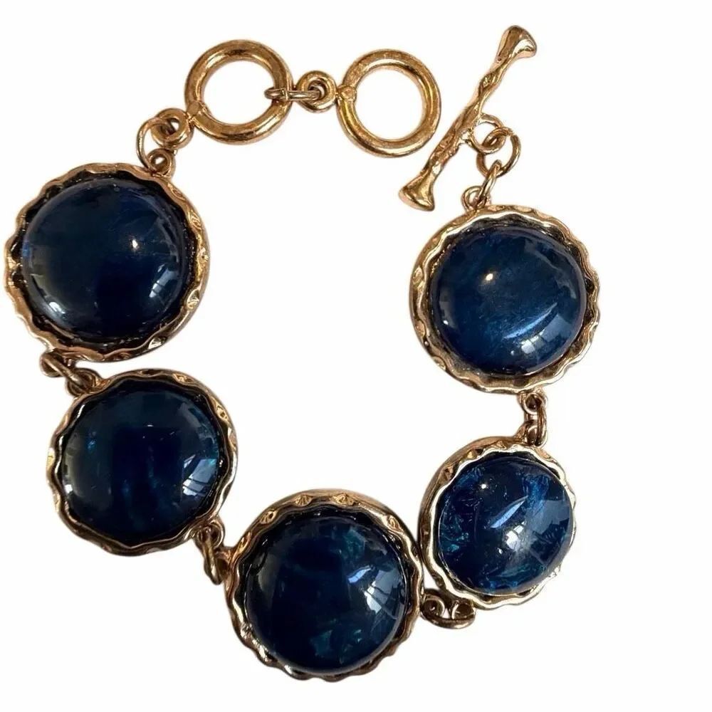 Gold Tone Blue  Cabochon Link Bracelet